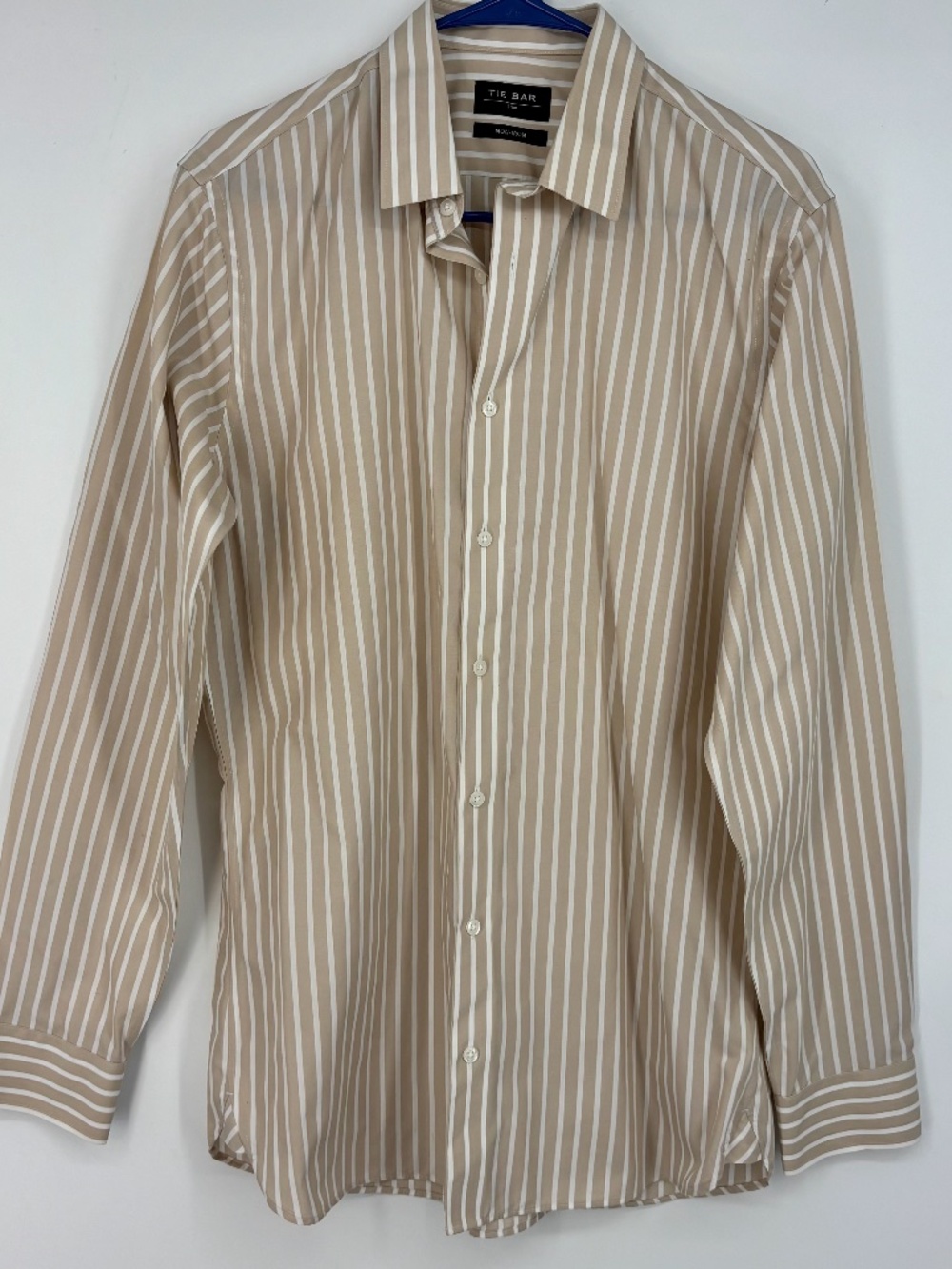 Tie Bar Mens 15.5 34/35 Trim Fit Dress Shirt Beige White Stripes 100% Cotton